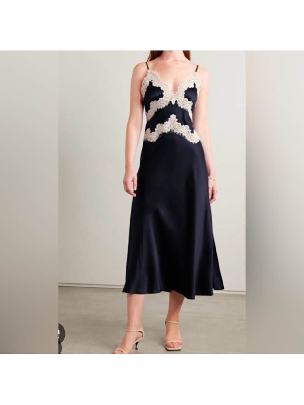 Doen Navy Slip Midi Dress with Cream Lace